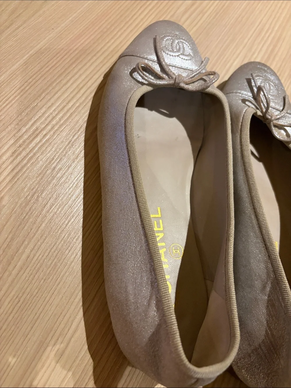 CHANEL Champagne Metallic Ballet Flats with CC Bow